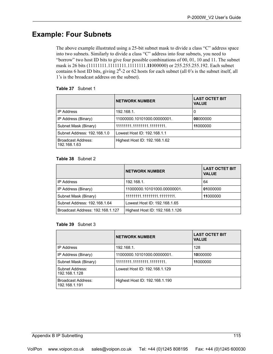 Example: four subnets, Table 37 subnet 1 table 38 subnet 2 | ZyXEL Communications P2000W User Manual | Page 115 / 131