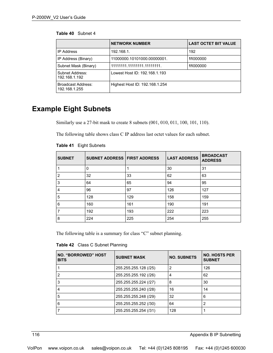 Example eight subnets | ZyXEL Communications P2000W User Manual | Page 116 / 131