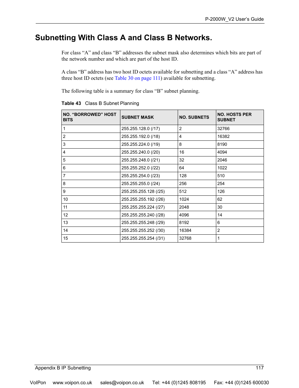 Subnetting with class a and class b networks | ZyXEL Communications P2000W User Manual | Page 117 / 131
