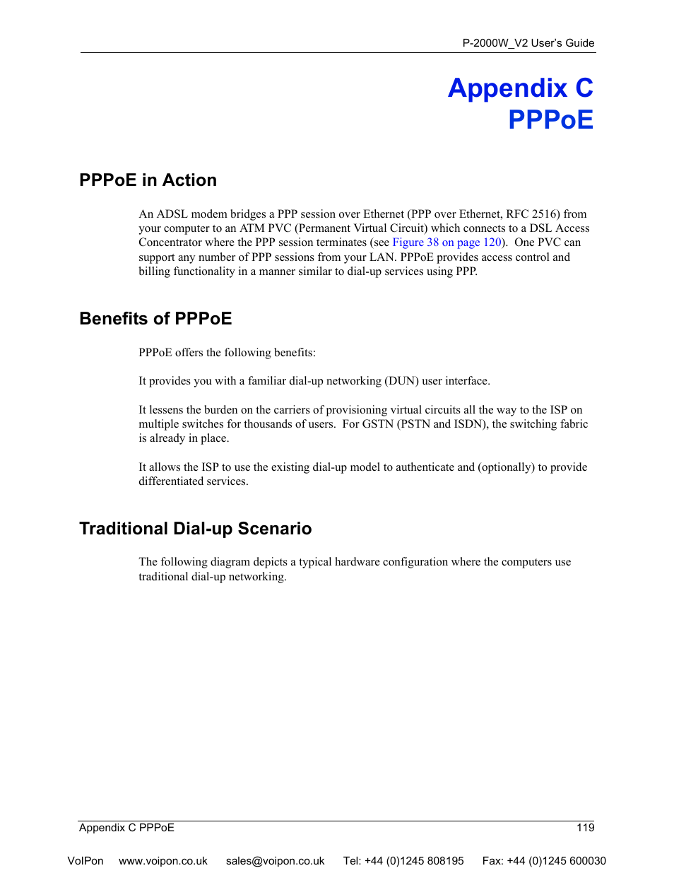Pppoe, Appendix c pppoe, Pppoe in action | Benefits of pppoe, Traditional dial-up scenario | ZyXEL Communications P2000W User Manual | Page 119 / 131