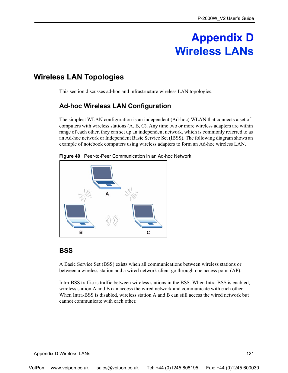 Wireless lans, Appendix d wireless lans, Wireless lan topologies | Ad-hoc wireless lan configuration bss | ZyXEL Communications P2000W User Manual | Page 121 / 131