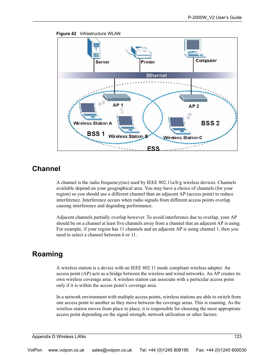 Channel roaming, Figure 42 infrastructure wlan, Channel | Roaming | ZyXEL Communications P2000W User Manual | Page 123 / 131