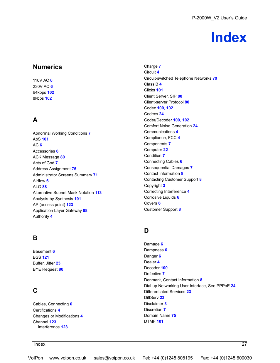 Index, Numerics | ZyXEL Communications P2000W User Manual | Page 127 / 131