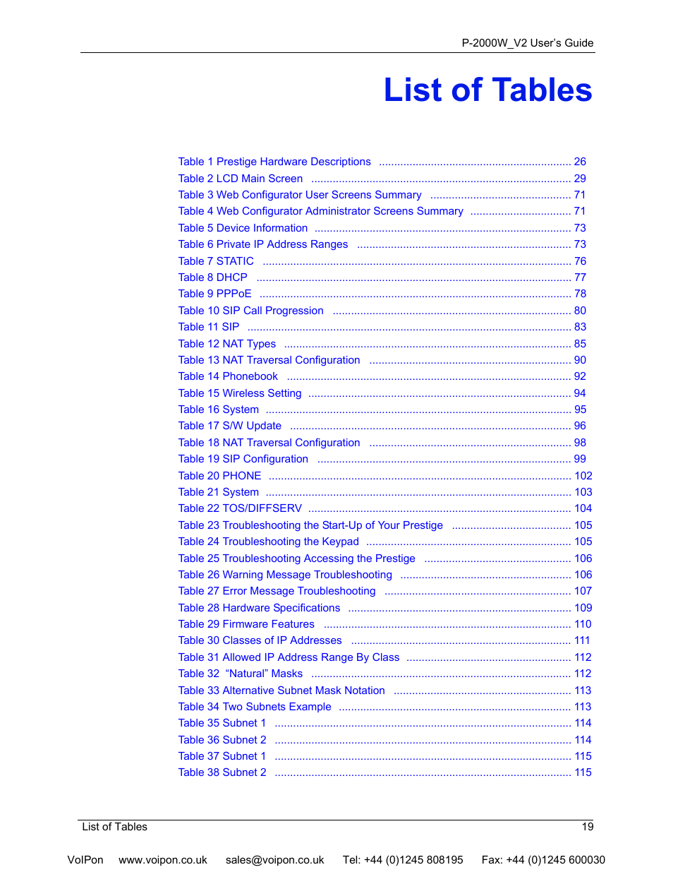 List of tables | ZyXEL Communications P2000W User Manual | Page 19 / 131