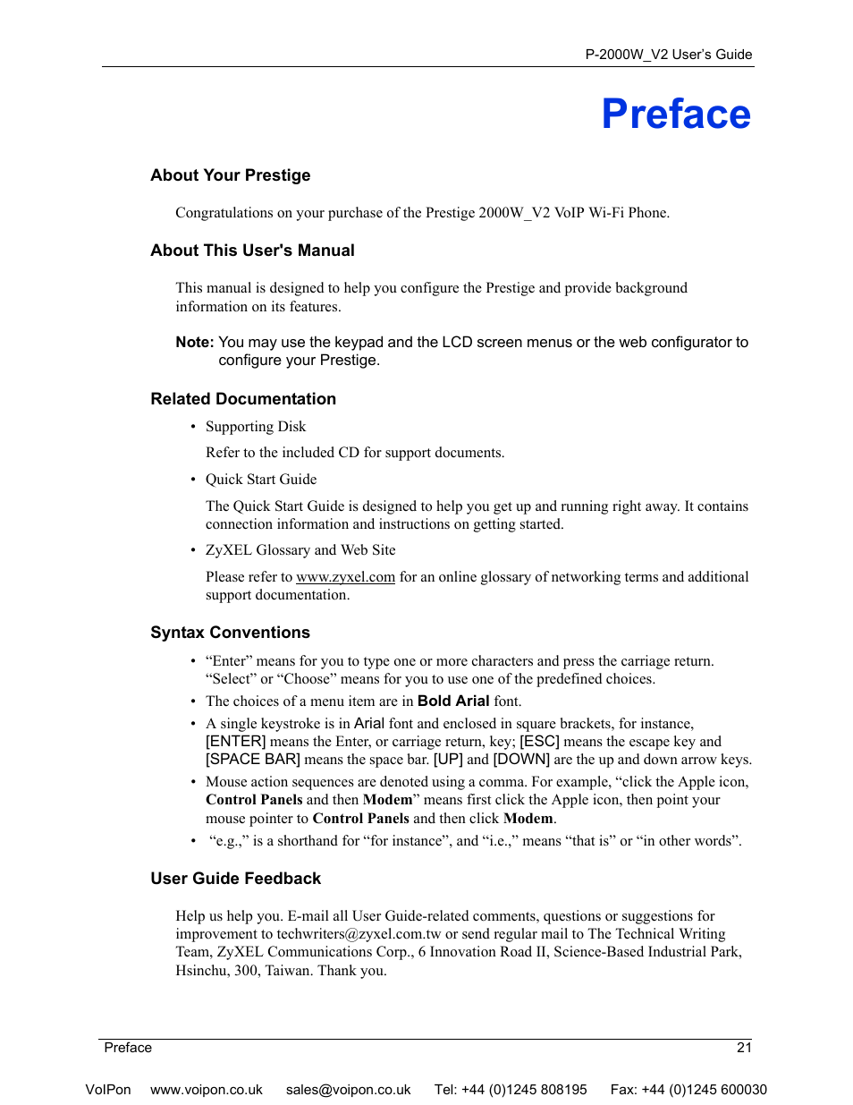 Preface | ZyXEL Communications P2000W User Manual | Page 21 / 131