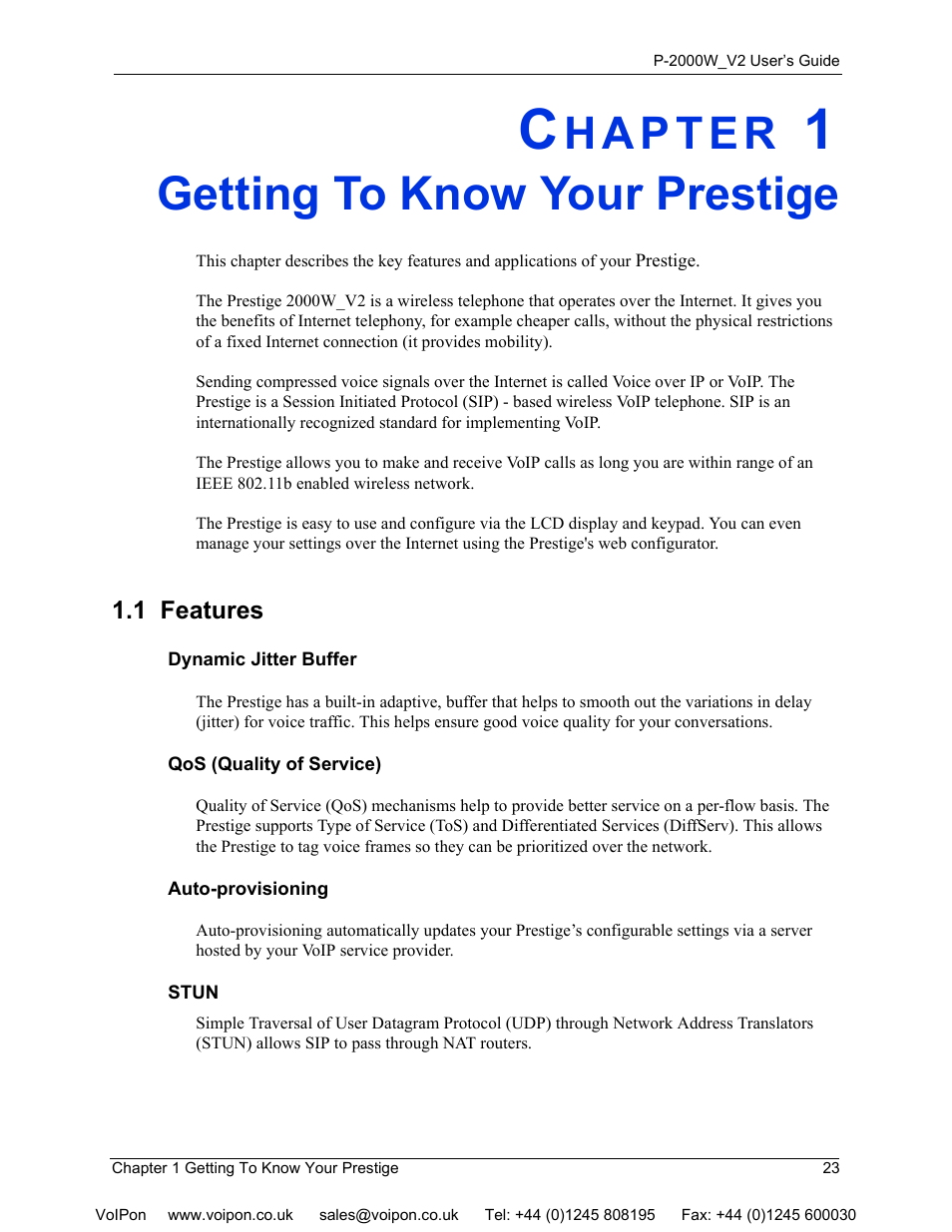 Getting to know your prestige, 1 features, Chapter 1 getting to know your prestige | ZyXEL Communications P2000W User Manual | Page 23 / 131