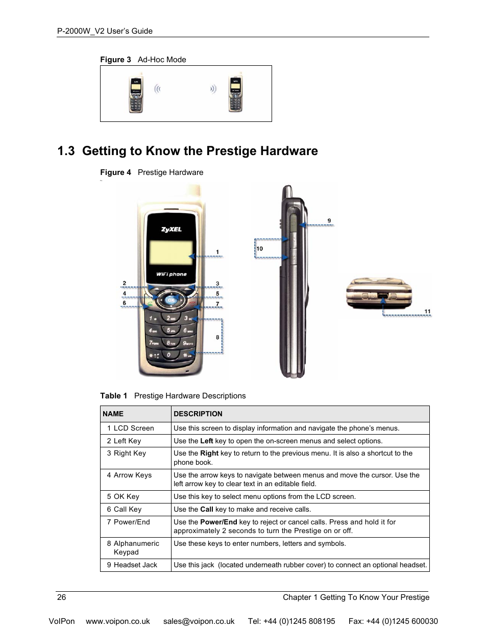 3 getting to know the prestige hardware, Figure 3 ad-hoc mode figure 4 prestige hardware, Table 1 prestige hardware descriptions | ZyXEL Communications P2000W User Manual | Page 26 / 131