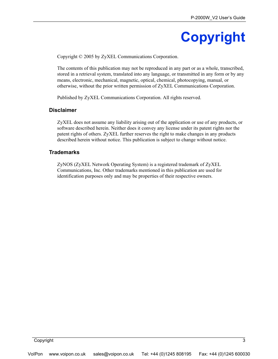 Copyright | ZyXEL Communications P2000W User Manual | Page 3 / 131
