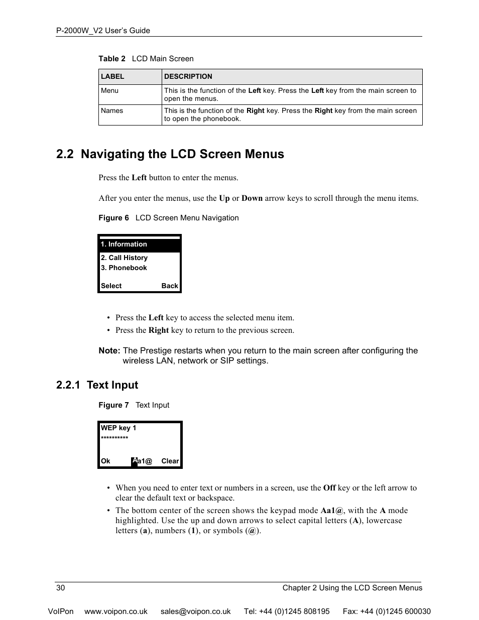 2 navigating the lcd screen menus, 1 text input | ZyXEL Communications P2000W User Manual | Page 30 / 131