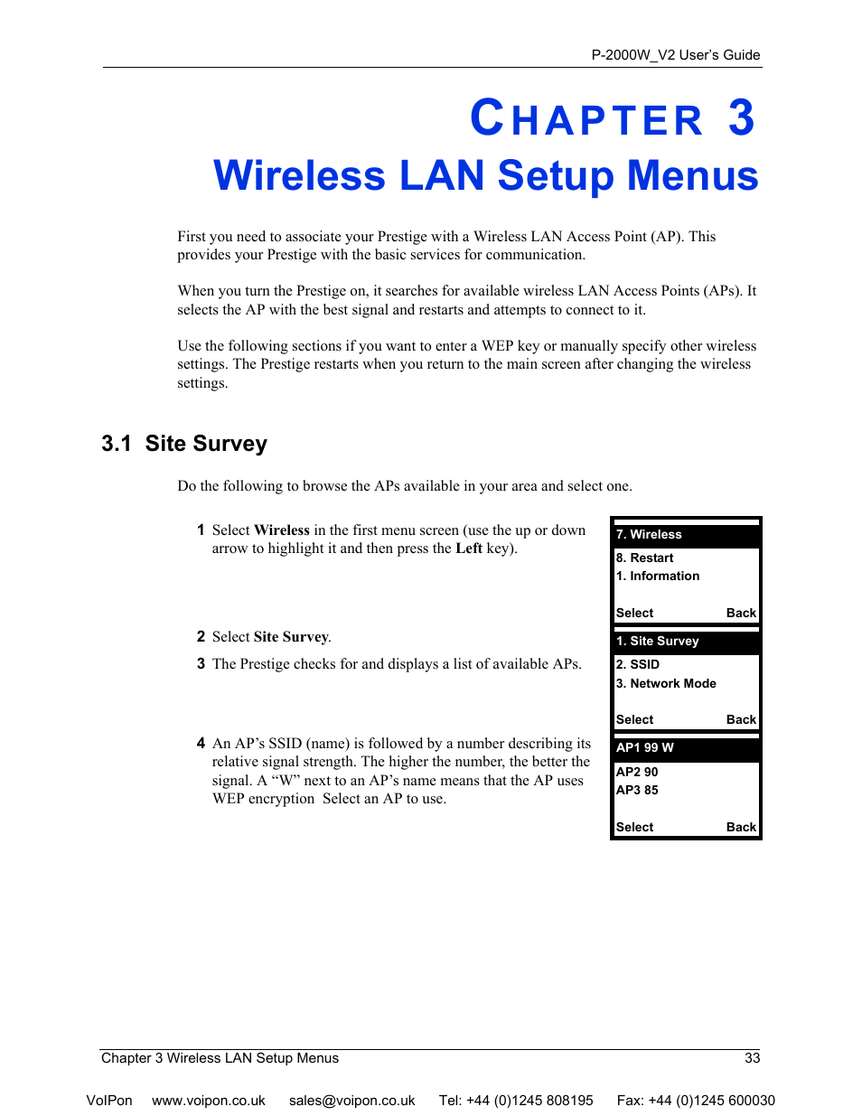 Wireless lan setup menus, 1 site survey, Chapter 3 wireless lan setup menus | ZyXEL Communications P2000W User Manual | Page 33 / 131