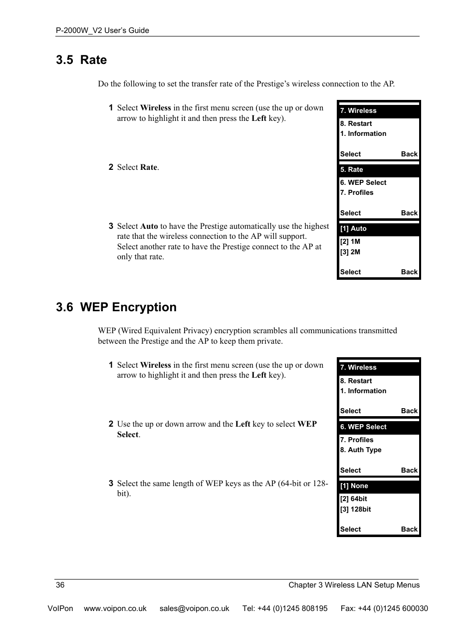 5 rate, 6 wep encryption, 5 rate 3.6 wep encryption | ZyXEL Communications P2000W User Manual | Page 36 / 131