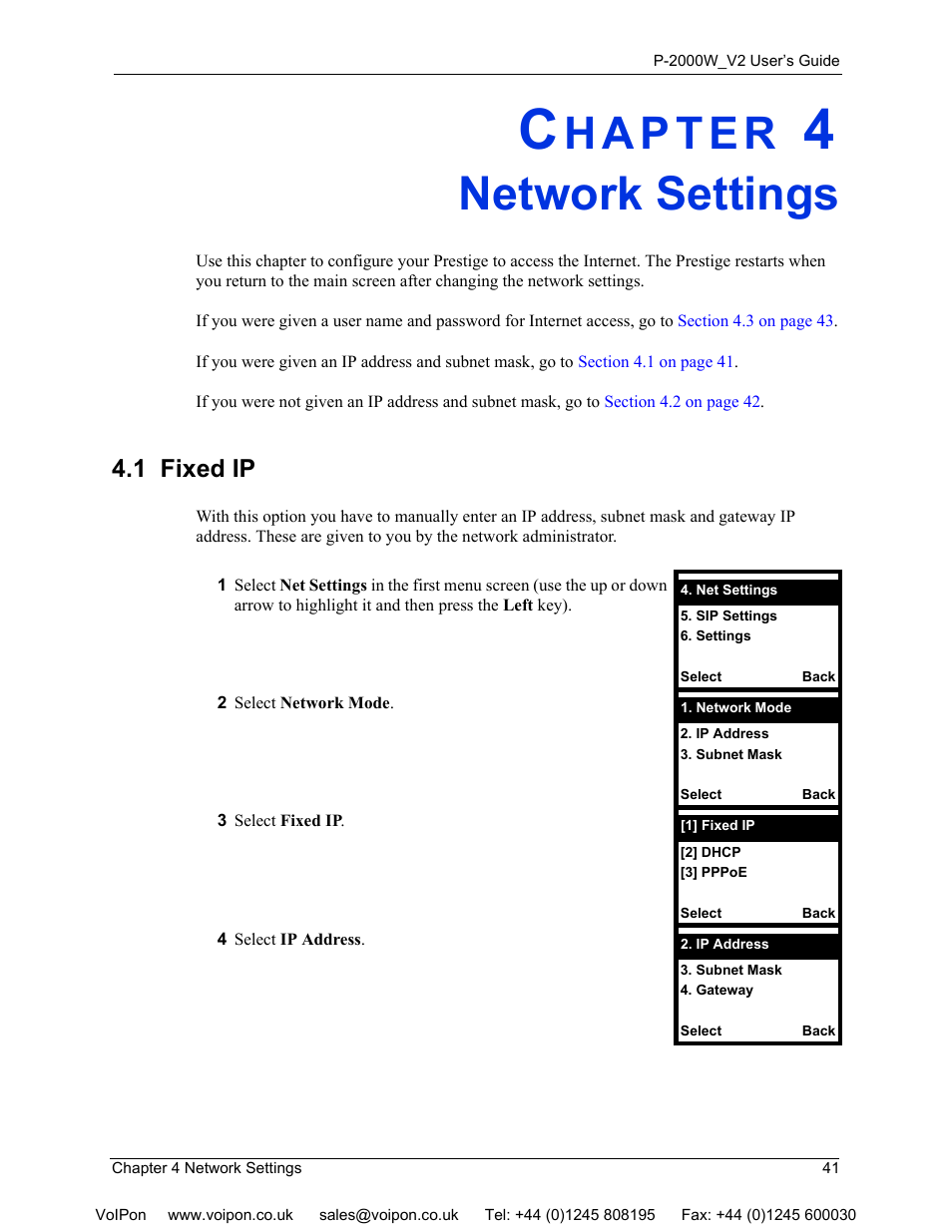 Network settings, 1 fixed ip, Chapter 4 network settings | ZyXEL Communications P2000W User Manual | Page 41 / 131