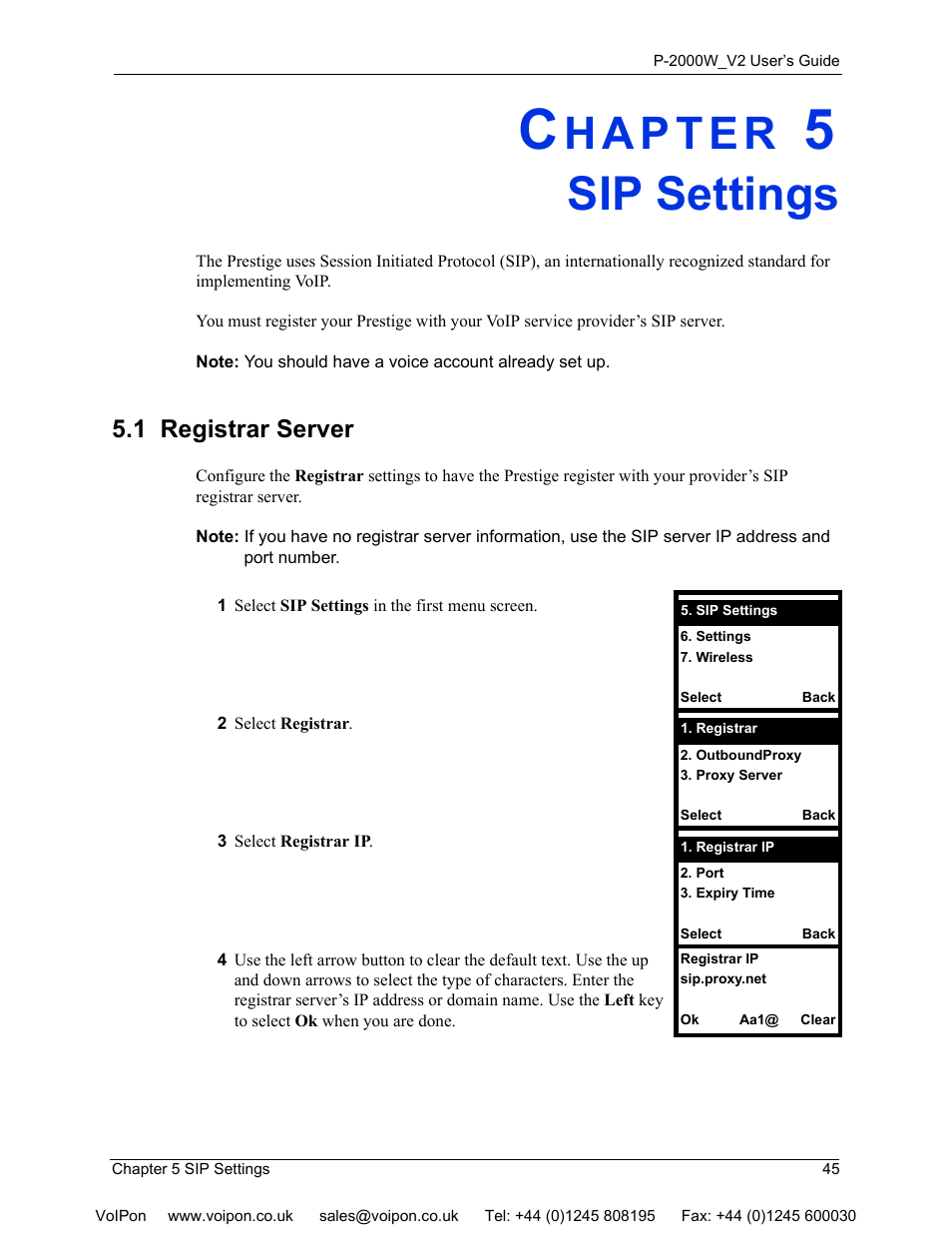 Sip settings, 1 registrar server, Chapter 5 sip settings | ZyXEL Communications P2000W User Manual | Page 45 / 131