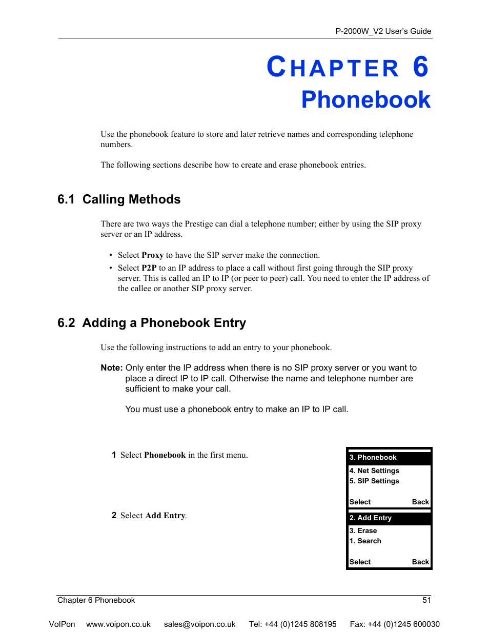 Phonebook, 1 calling methods, 2 adding a phonebook entry | Chapter 6 phonebook, 1 calling methods 6.2 adding a phonebook entry | ZyXEL Communications P2000W User Manual | Page 51 / 131