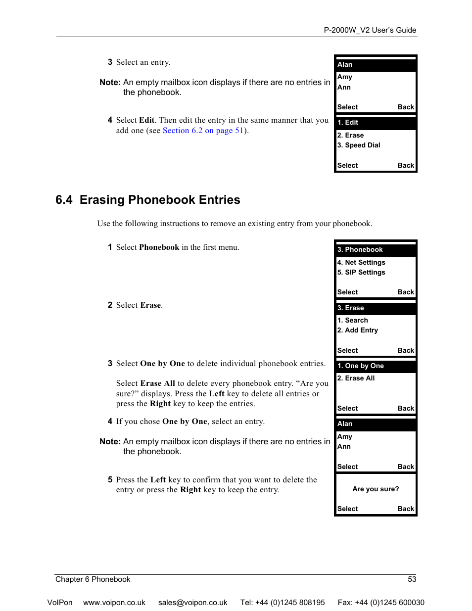 4 erasing phonebook entries | ZyXEL Communications P2000W User Manual | Page 53 / 131