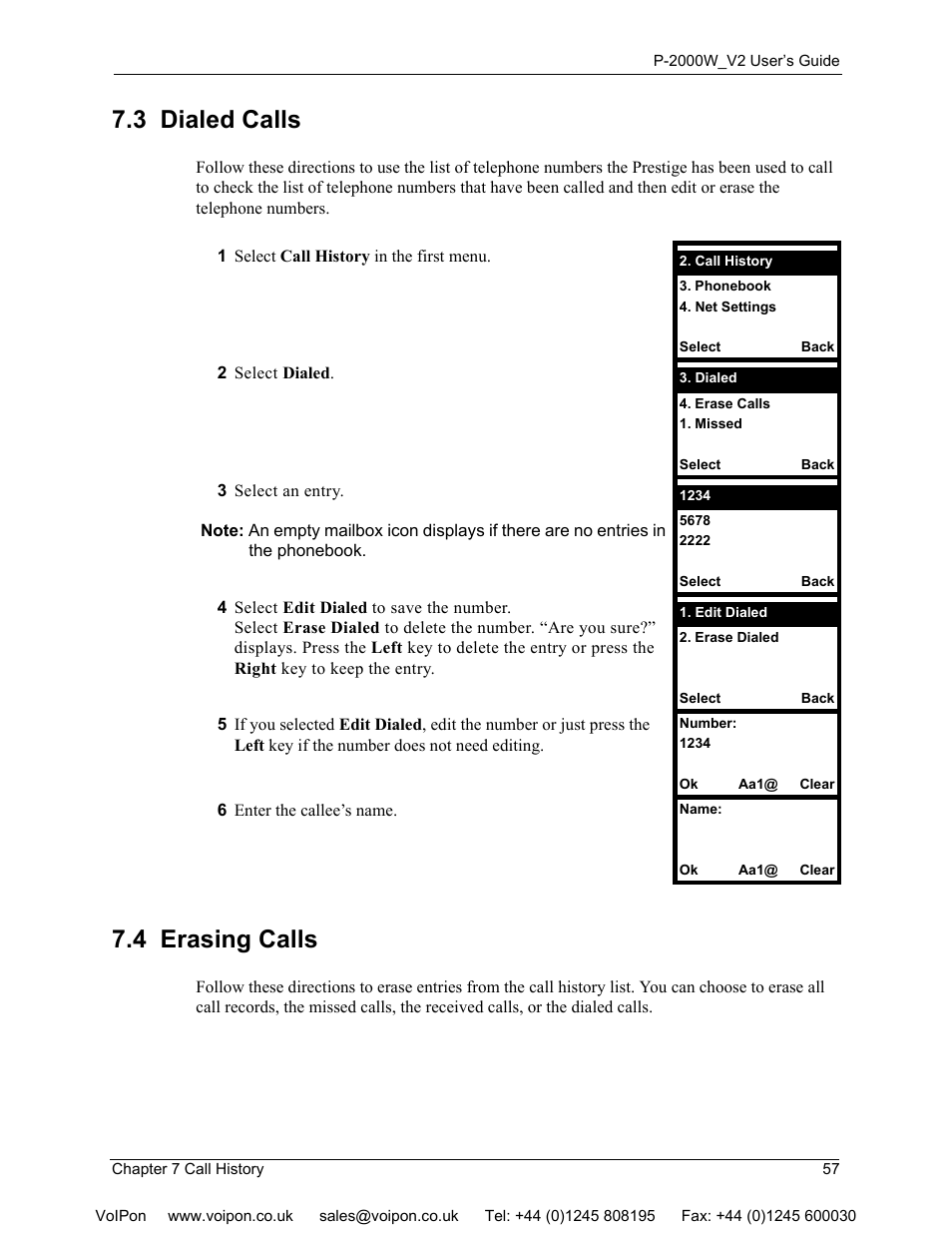 3 dialed calls, 4 erasing calls, 3 dialed calls 7.4 erasing calls | ZyXEL Communications P2000W User Manual | Page 57 / 131