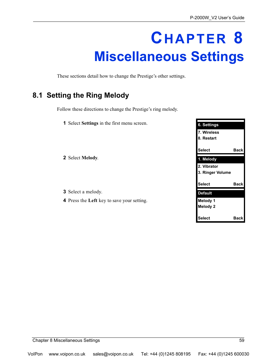 Miscellaneous settings, 1 setting the ring melody, Chapter 8 miscellaneous settings | ZyXEL Communications P2000W User Manual | Page 59 / 131