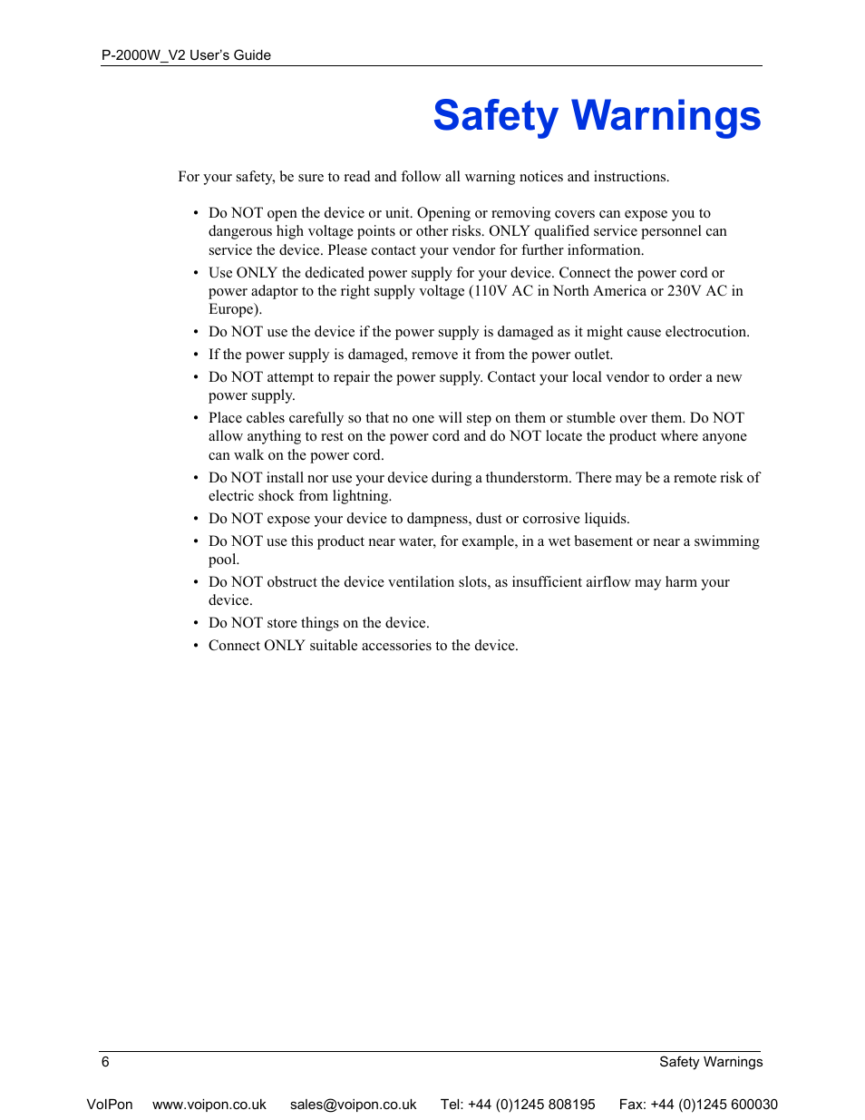 Safety warnings | ZyXEL Communications P2000W User Manual | Page 6 / 131