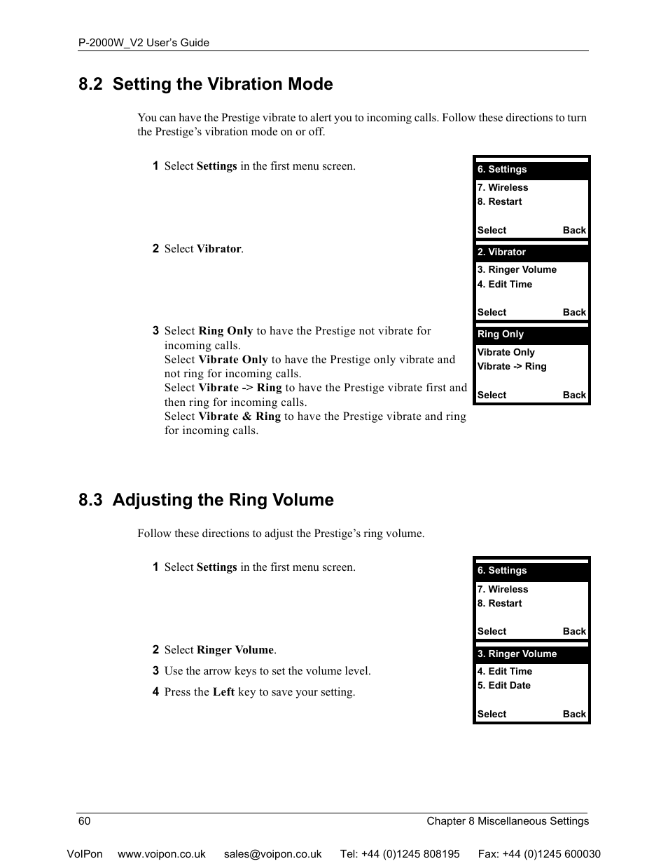 2 setting the vibration mode, 3 adjusting the ring volume | ZyXEL Communications P2000W User Manual | Page 60 / 131