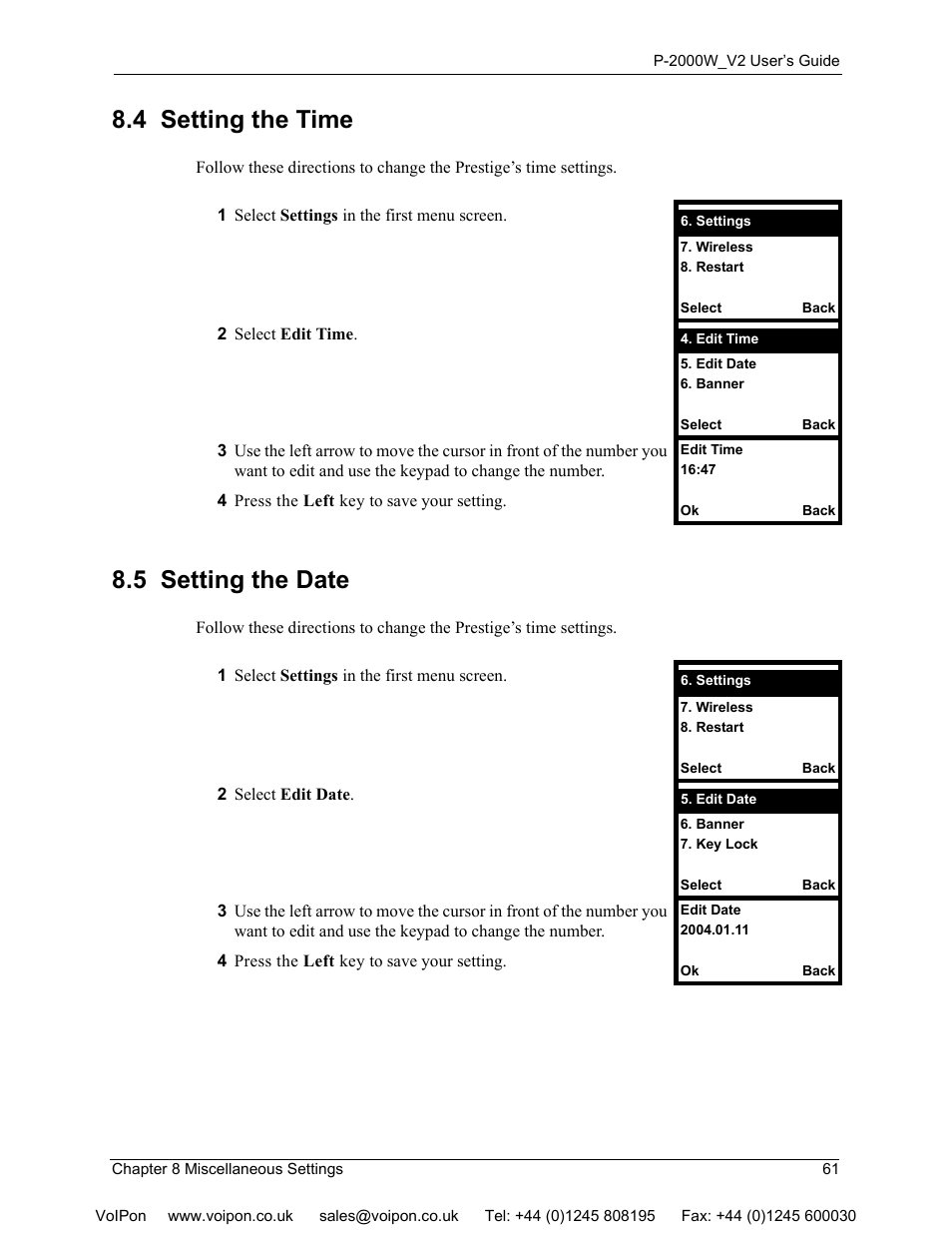 4 setting the time, 5 setting the date, 4 setting the time 8.5 setting the date | ZyXEL Communications P2000W User Manual | Page 61 / 131