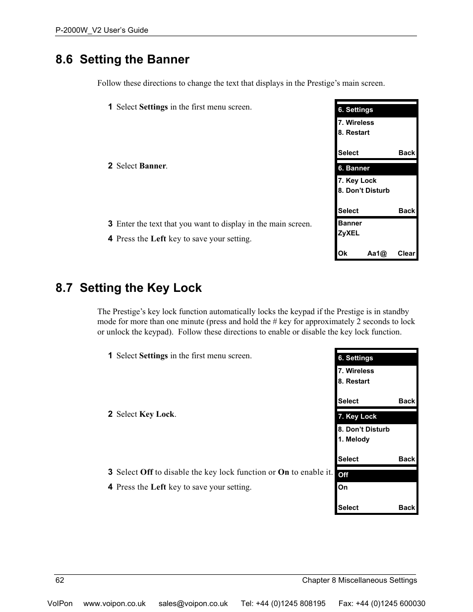 6 setting the banner, 7 setting the key lock, 6 setting the banner 8.7 setting the key lock | ZyXEL Communications P2000W User Manual | Page 62 / 131