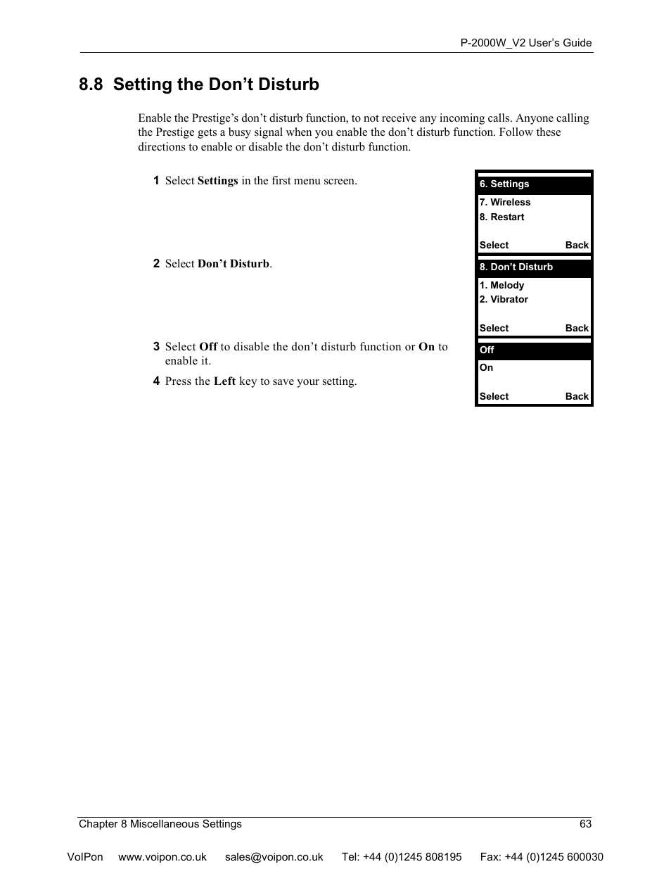 8 setting the don’t disturb | ZyXEL Communications P2000W User Manual | Page 63 / 131