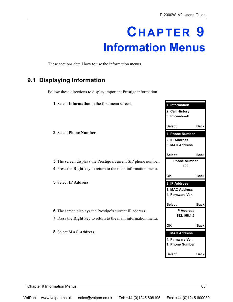 Information menus, 1 displaying information, Chapter 9 information menus | ZyXEL Communications P2000W User Manual | Page 65 / 131