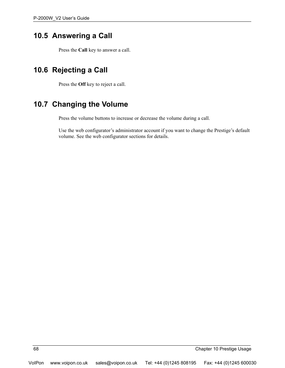 5 answering a call, 6 rejecting a call, 7 changing the volume | ZyXEL Communications P2000W User Manual | Page 68 / 131