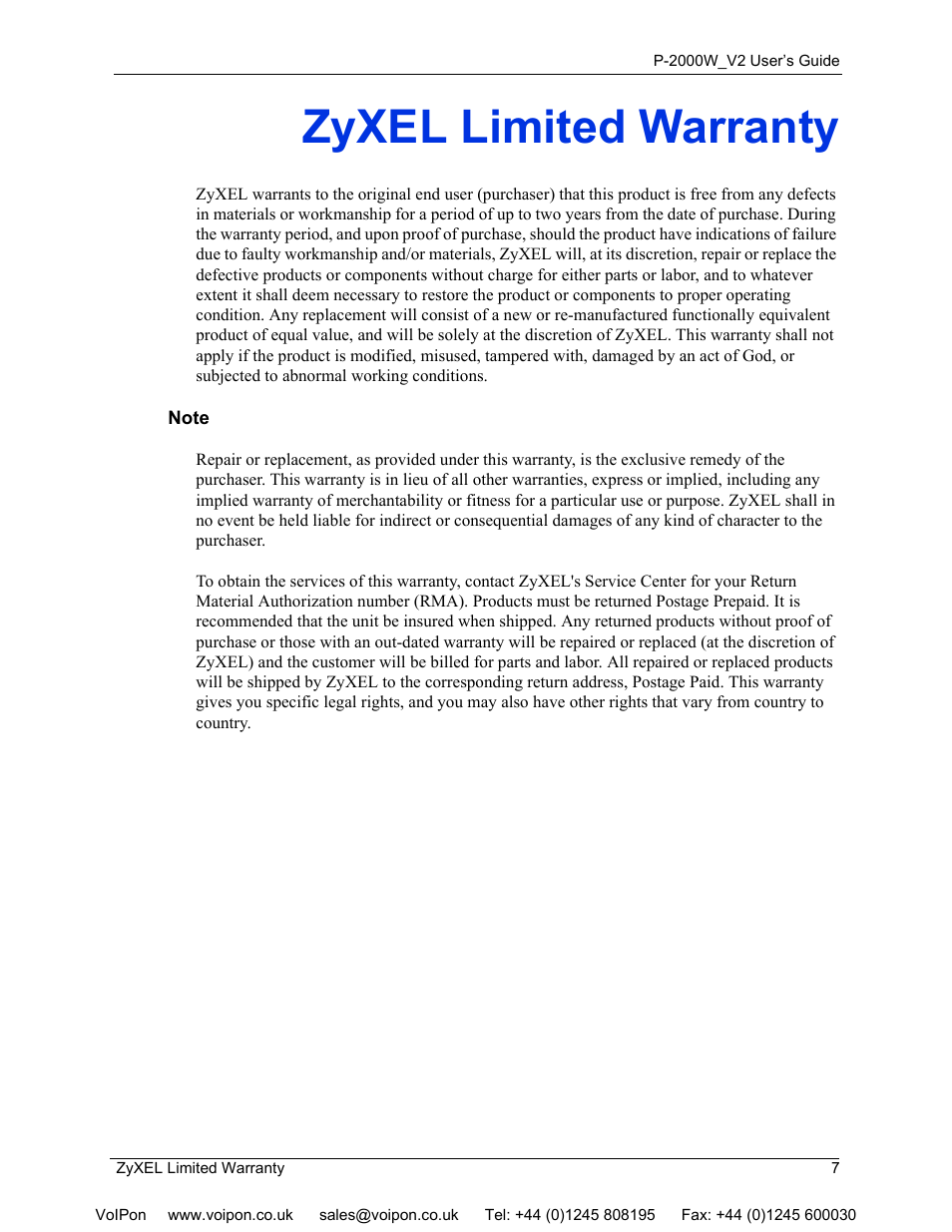 Zyxel limited warranty | ZyXEL Communications P2000W User Manual | Page 7 / 131