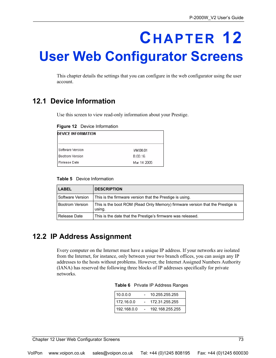 User web configurator screens, 1 device information, 2 ip address assignment | Chapter 12 user web configurator screens, 1 device information 12.2 ip address assignment, Figure 12 device information | ZyXEL Communications P2000W User Manual | Page 73 / 131