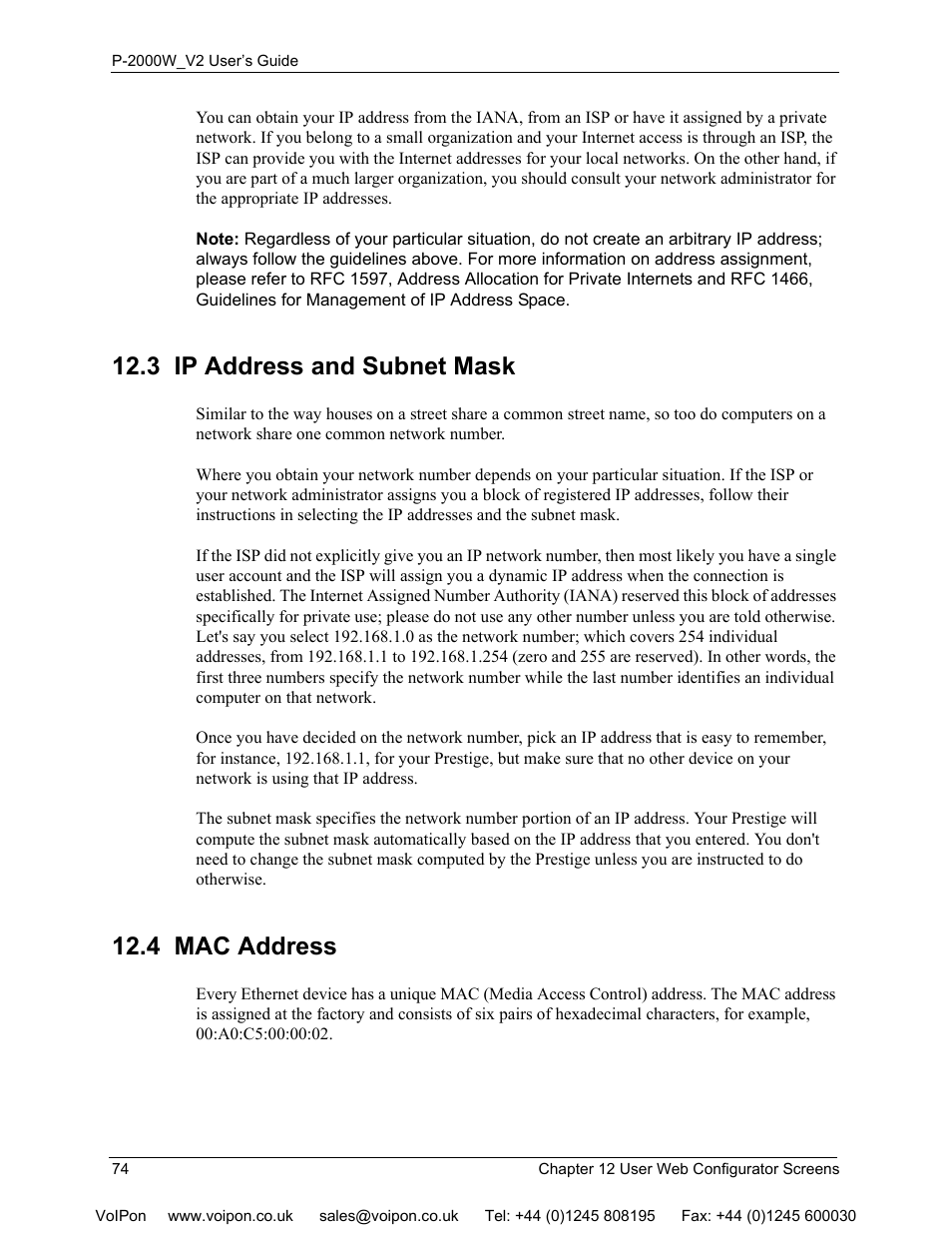 3 ip address and subnet mask, 4 mac address, 3 ip address and subnet mask 12.4 mac address | ZyXEL Communications P2000W User Manual | Page 74 / 131