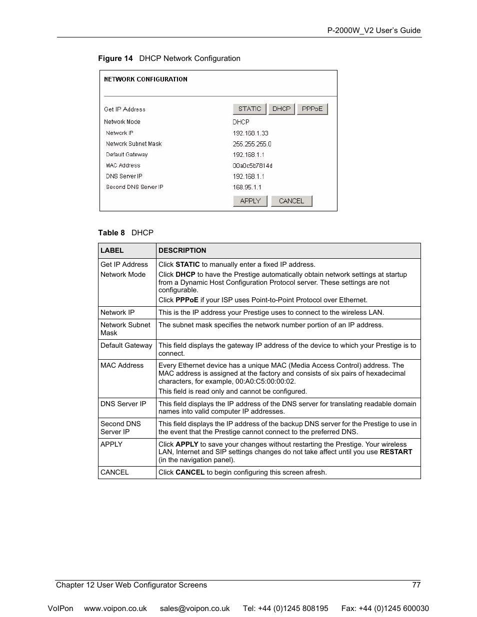 Figure 14 dhcp network configuration, Table 8 dhcp | ZyXEL Communications P2000W User Manual | Page 77 / 131