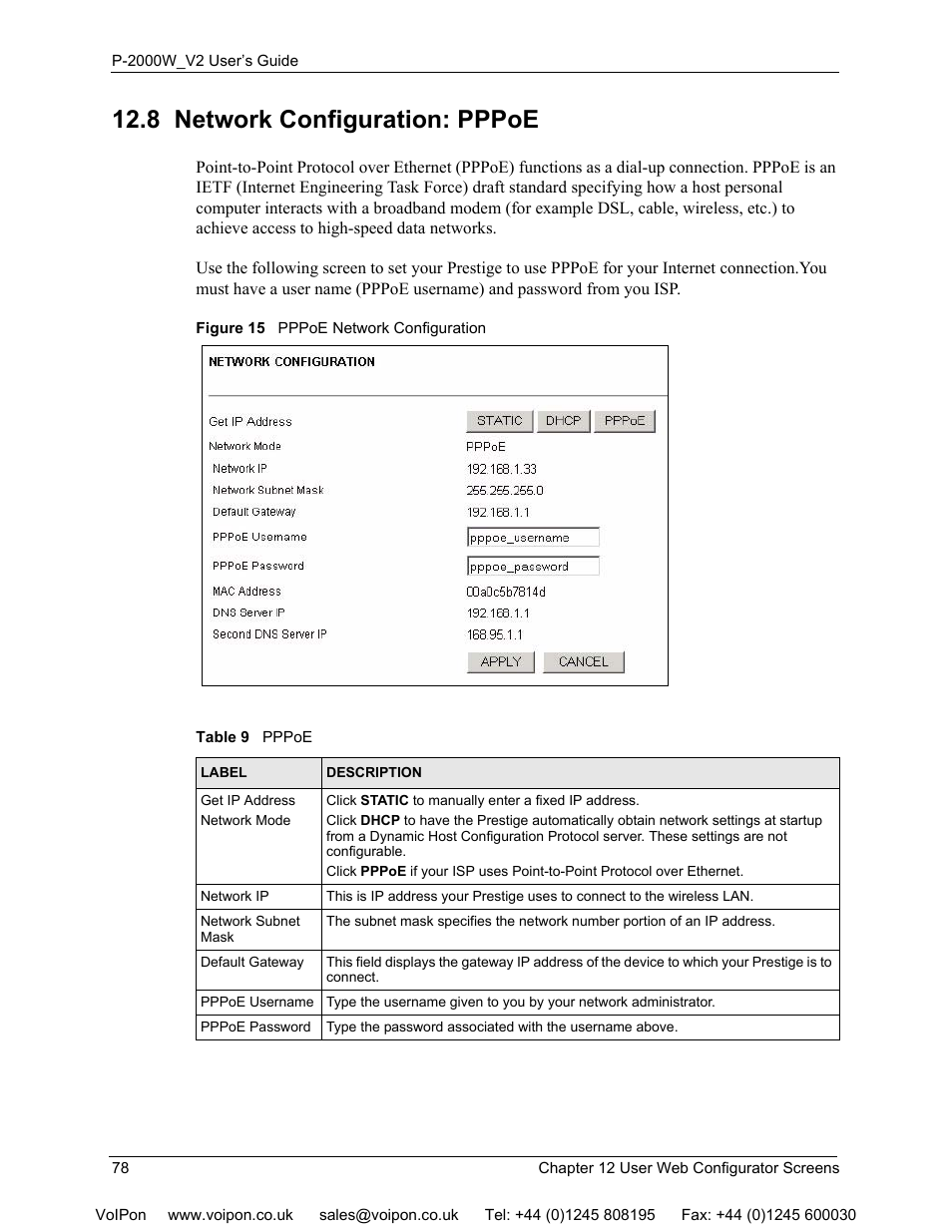 8 network configuration: pppoe, Figure 15 pppoe network configuration, Table 9 pppoe | ZyXEL Communications P2000W User Manual | Page 78 / 131