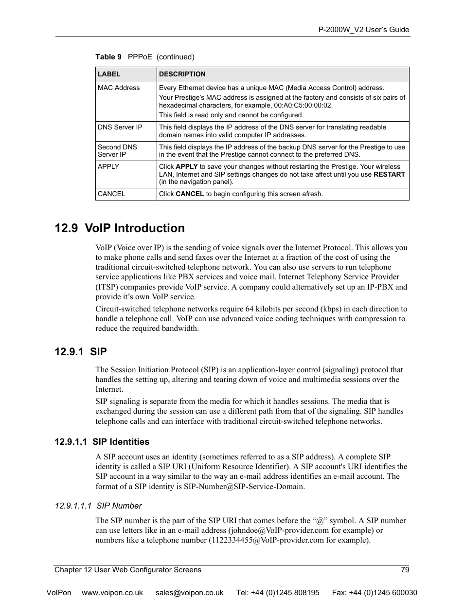 9 voip introduction, 1 sip, 1 sip identities | ZyXEL Communications P2000W User Manual | Page 79 / 131