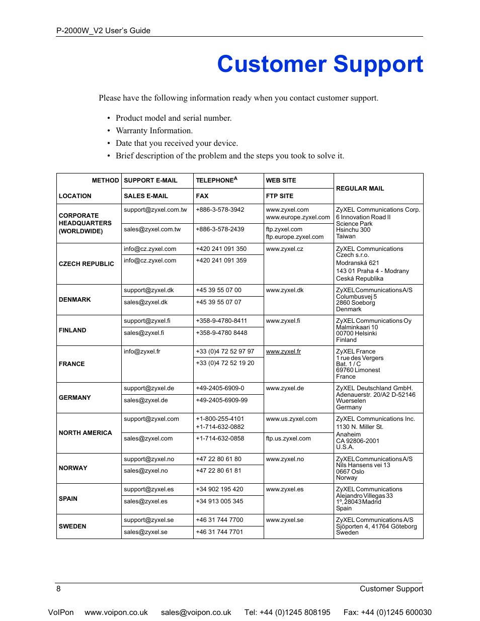 Customer support | ZyXEL Communications P2000W User Manual | Page 8 / 131