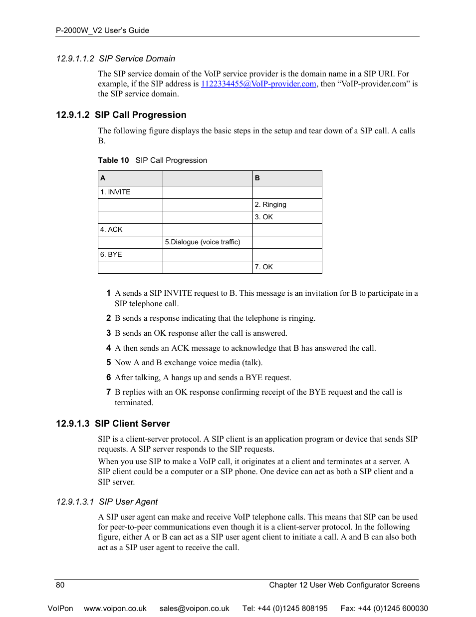 2 sip call progression, 3 sip client server, 2 sip call progression 12.9.1.3 sip client server | Table 10 sip call progression | ZyXEL Communications P2000W User Manual | Page 80 / 131