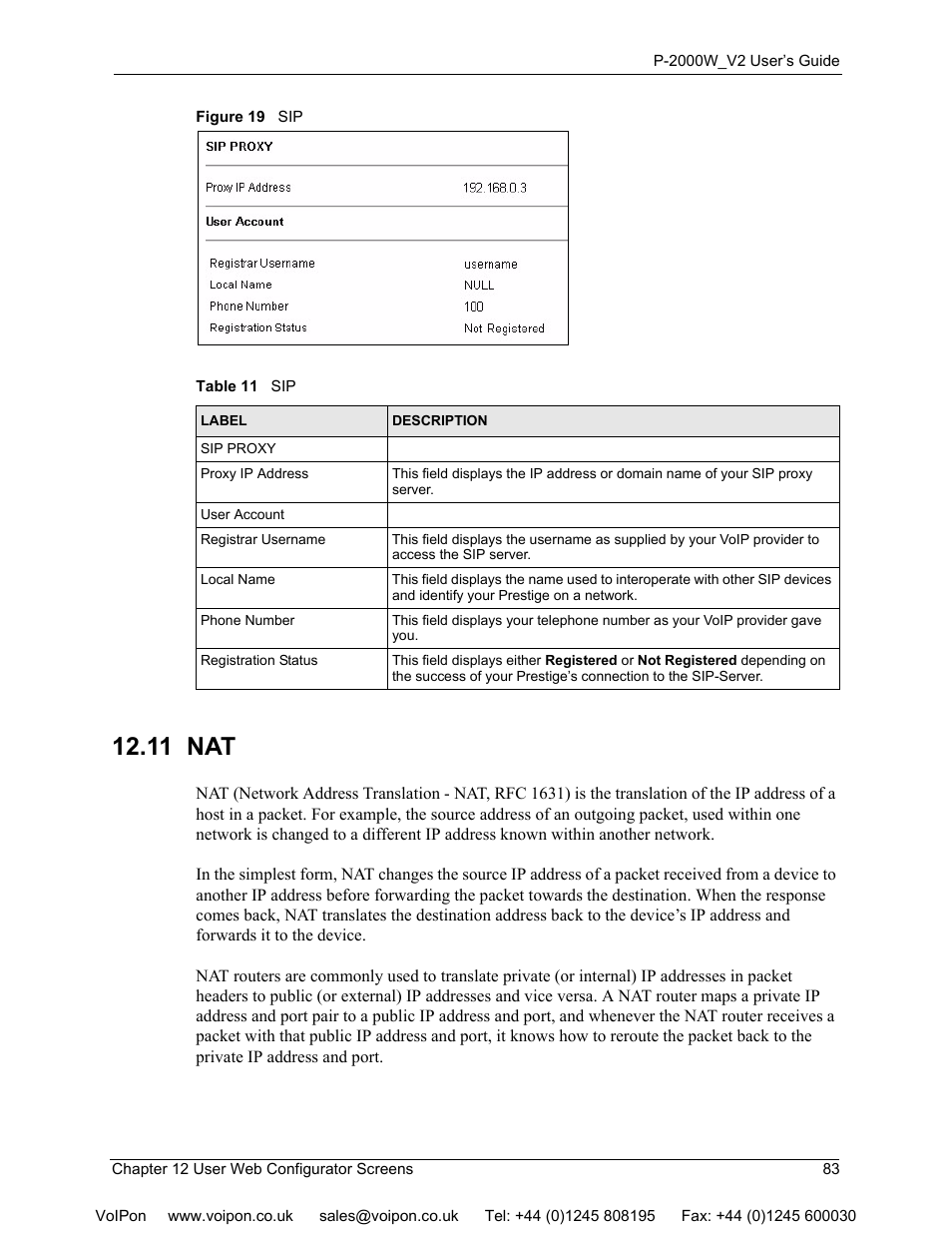 11 nat, Figure 19 sip, Table 11 sip | ZyXEL Communications P2000W User Manual | Page 83 / 131