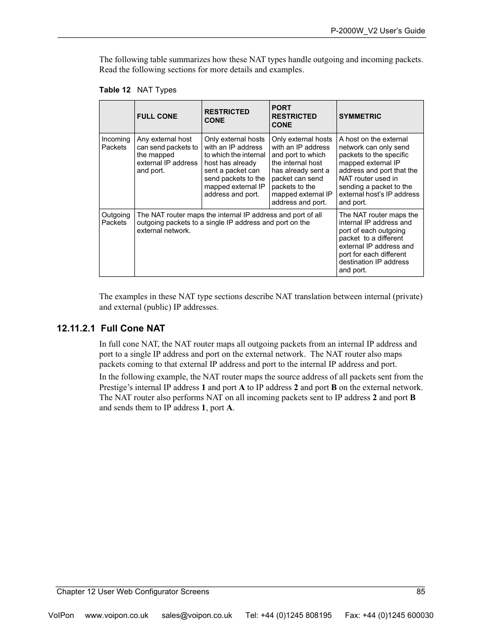 1 full cone nat, Table 12 nat types | ZyXEL Communications P2000W User Manual | Page 85 / 131