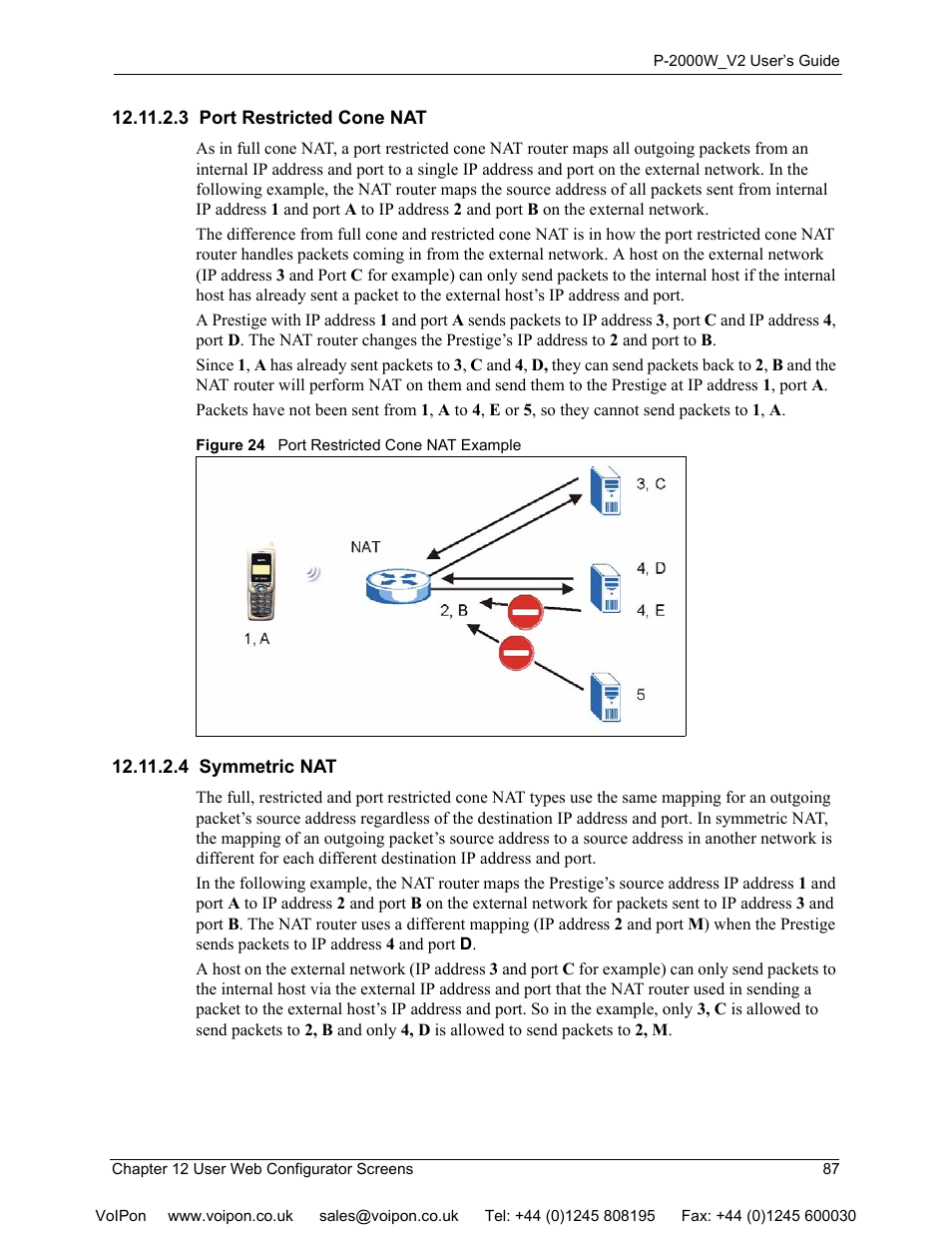 3 port restricted cone nat, 4 symmetric nat, 3 port restricted cone nat 12.11.2.4 symmetric nat | Figure 24 port restricted cone nat example | ZyXEL Communications P2000W User Manual | Page 87 / 131