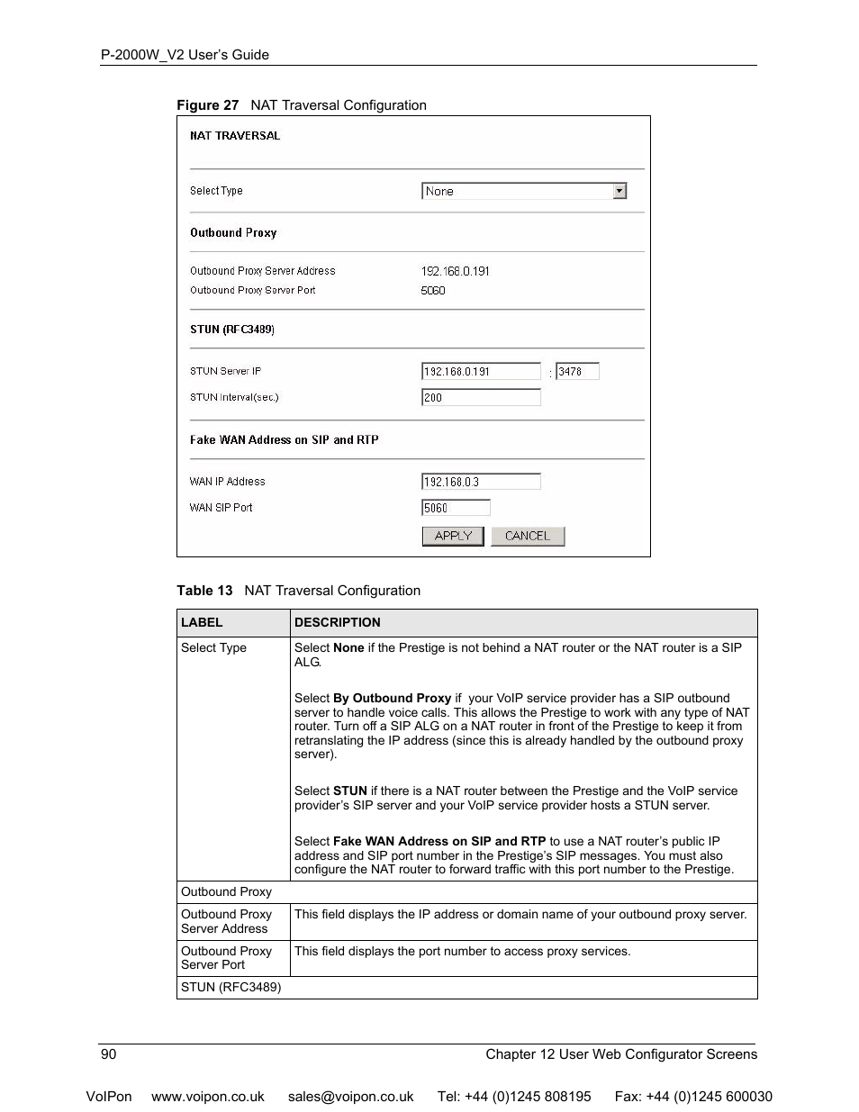 Figure 27 nat traversal configuration, Table 13 nat traversal configuration | ZyXEL Communications P2000W User Manual | Page 90 / 131