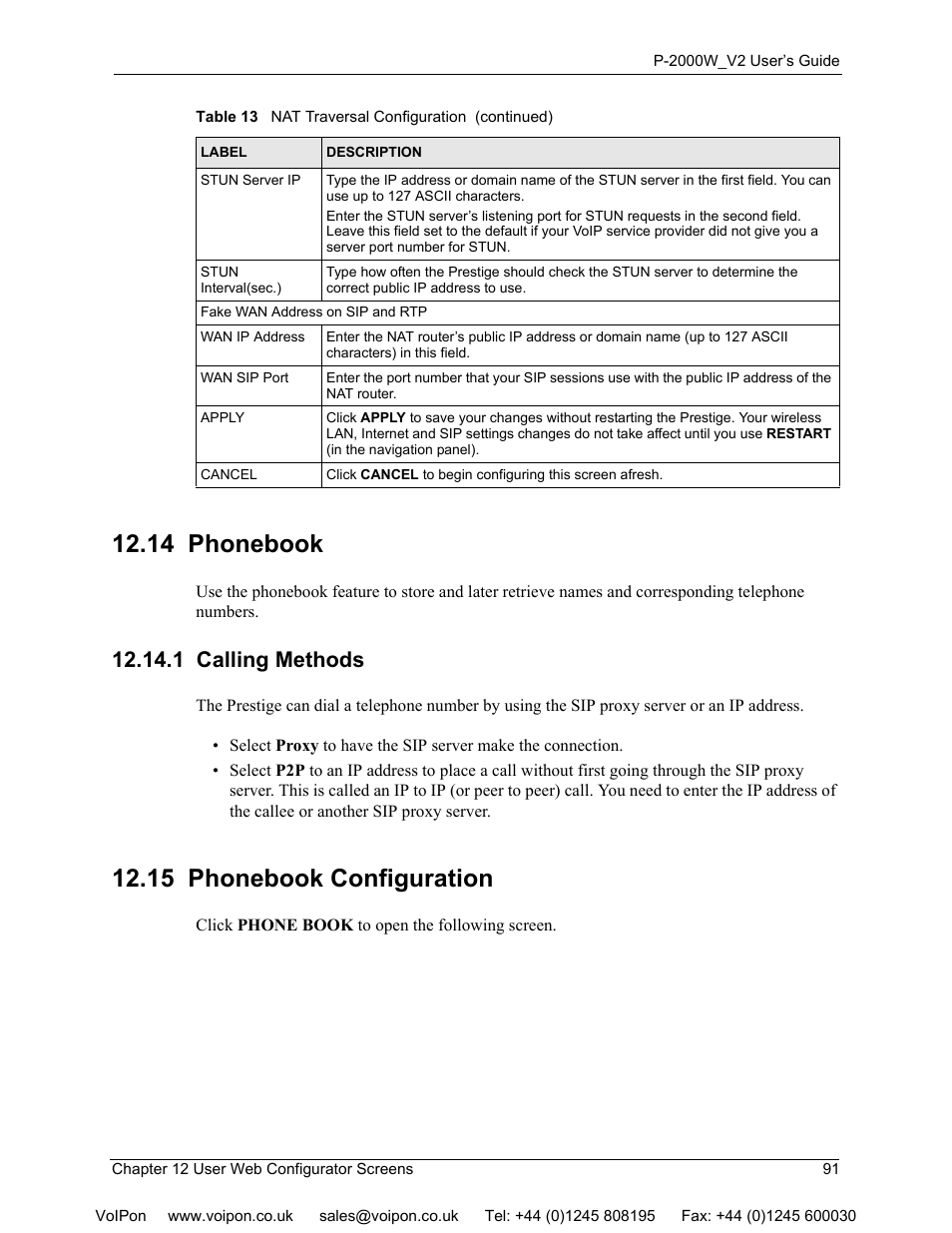 14 phonebook, 1 calling methods, 15 phonebook configuration | ZyXEL Communications P2000W User Manual | Page 91 / 131