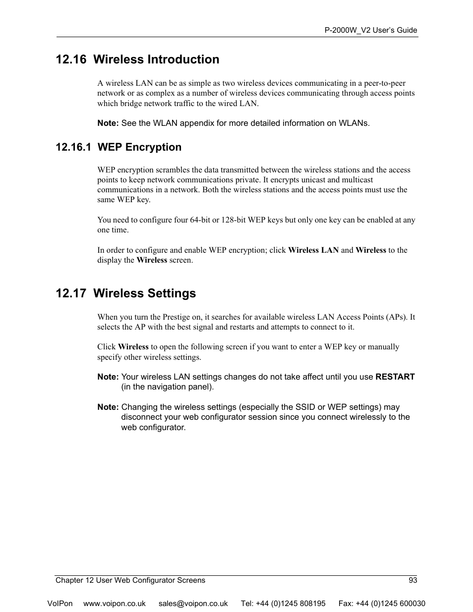 16 wireless introduction, 1 wep encryption, 17 wireless settings | ZyXEL Communications P2000W User Manual | Page 93 / 131