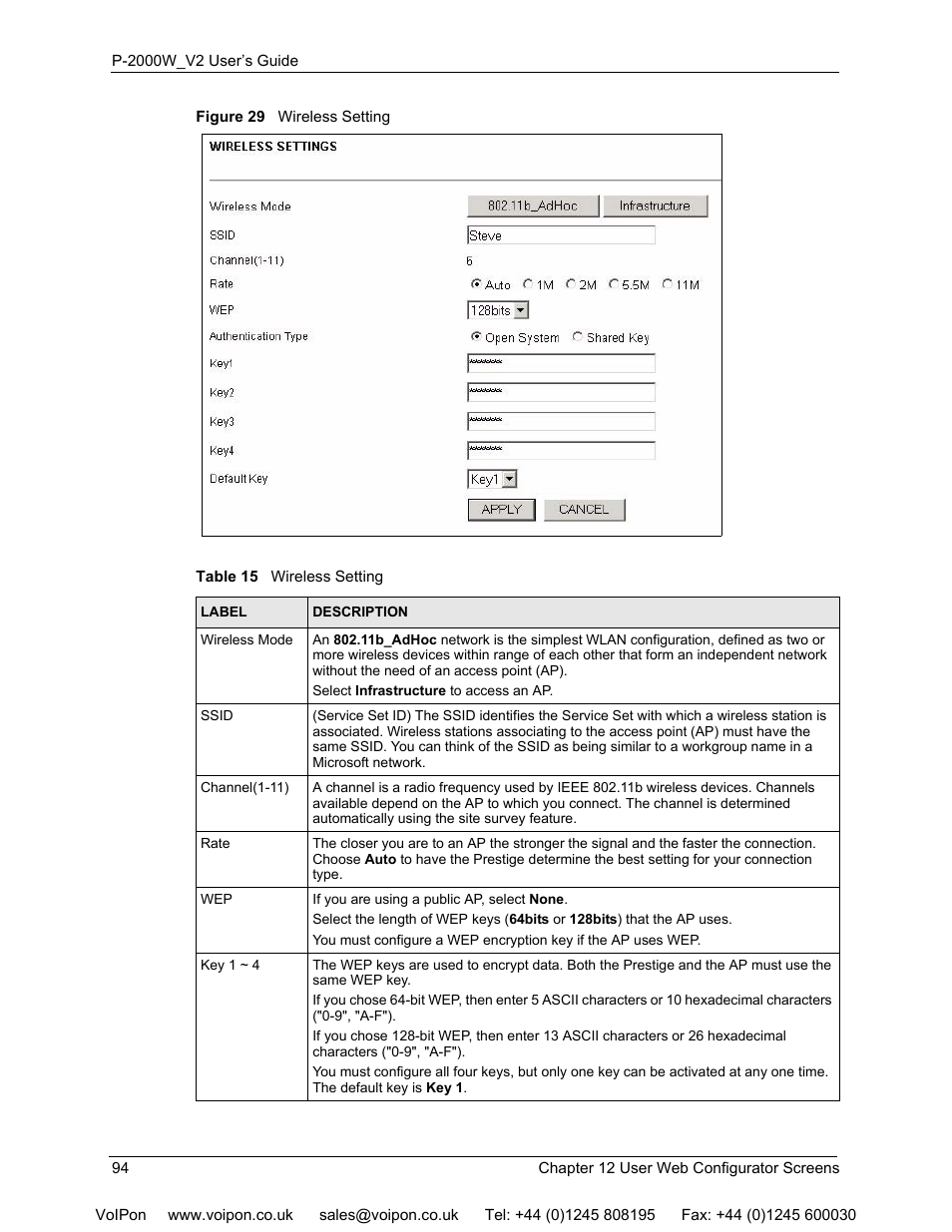 Figure 29 wireless setting, Table 15 wireless setting | ZyXEL Communications P2000W User Manual | Page 94 / 131