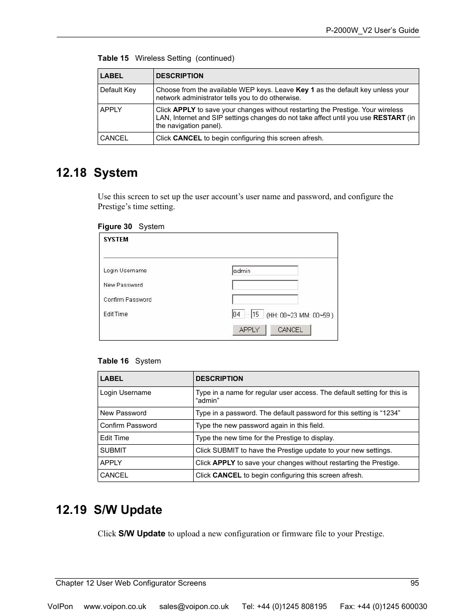 18 system, 19 s/w update, 18 system 12.19 s/w update | Figure 30 system, Table 16 system | ZyXEL Communications P2000W User Manual | Page 95 / 131