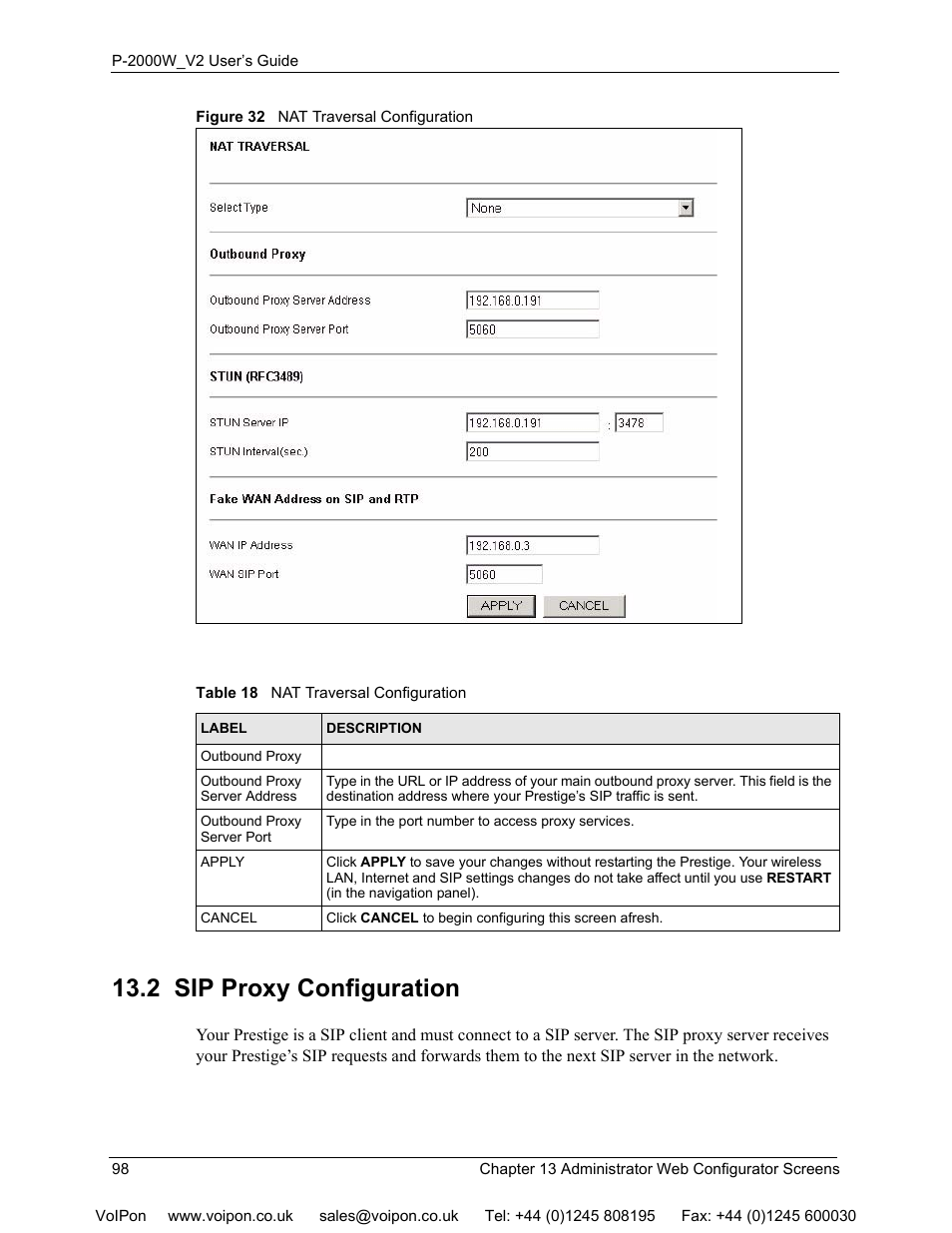 2 sip proxy configuration, Figure 32 nat traversal configuration, Table 18 nat traversal configuration | ZyXEL Communications P2000W User Manual | Page 98 / 131