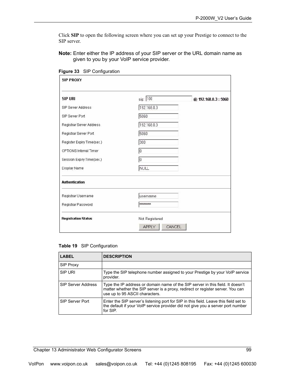 Figure 33 sip configuration, Table 19 sip configuration | ZyXEL Communications P2000W User Manual | Page 99 / 131