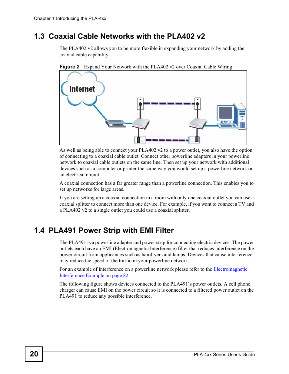 3 coaxial cable networks with the pla402 v2, 4 pla491 power strip with emi filter | ZyXEL Communications PLA-470 User Manual | Page 20 / 92