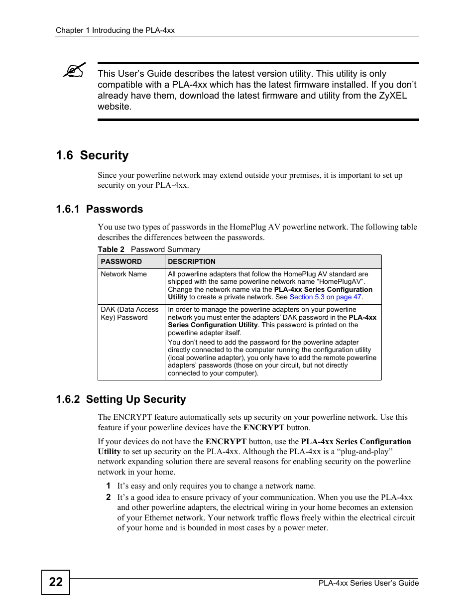 6 security, 1 passwords, 2 setting up security | 1 passwords 1.6.2 setting up security, Table 2 password summary | ZyXEL Communications PLA-470 User Manual | Page 22 / 92