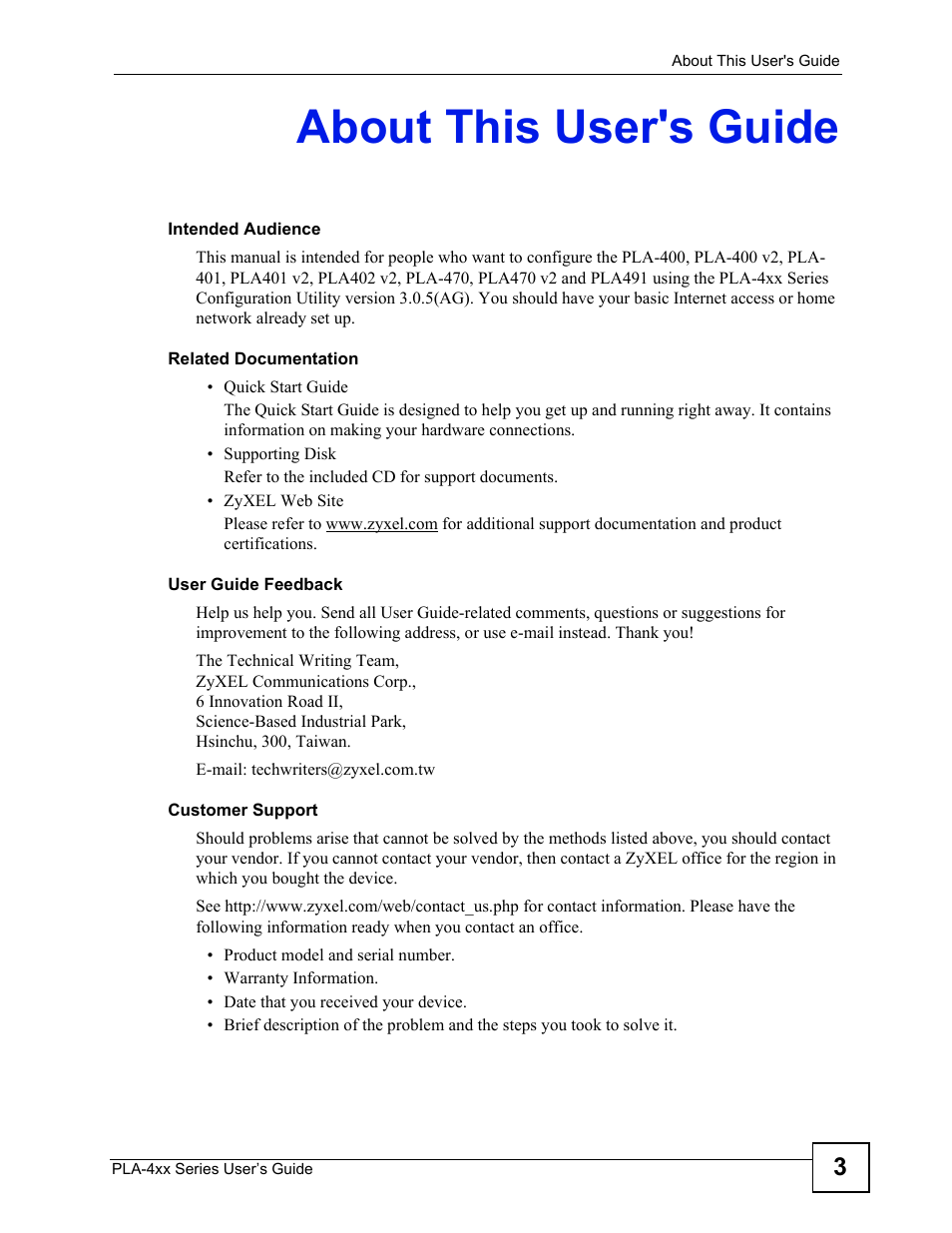 About this user's guide | ZyXEL Communications PLA-470 User Manual | Page 3 / 92