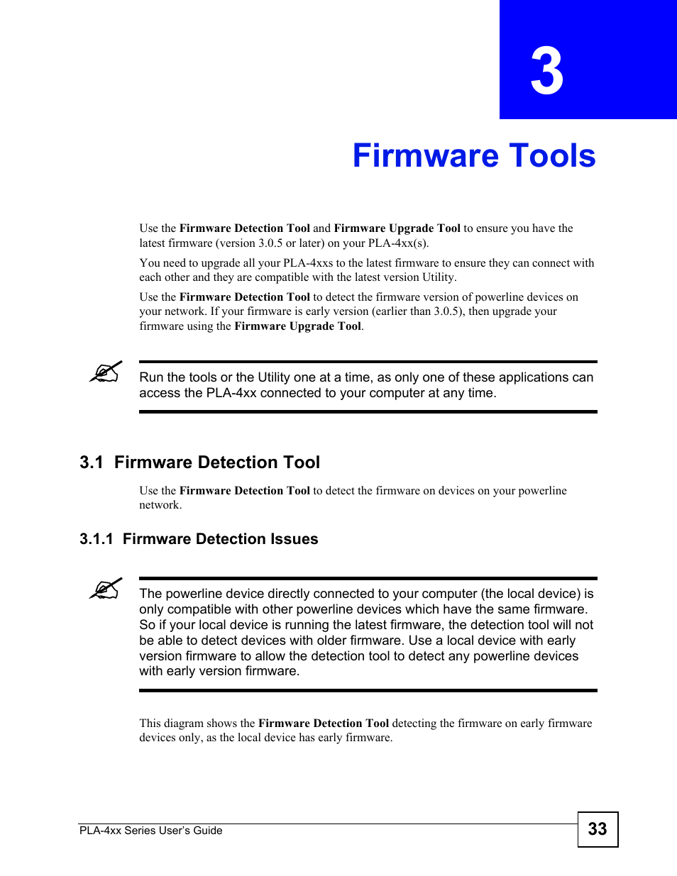 Firmware tools, 1 firmware detection tool, 1 firmware detection issues | Chapter 3 firmware tools, Firmware tools (33) | ZyXEL Communications PLA-470 User Manual | Page 33 / 92